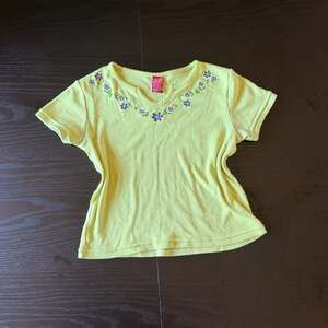 Y2k Cherry Stix lime green short sleeve baby tee with floral embroidery